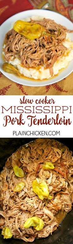 Slow Cooker Mississippi Pork Tenderloin - only 5 ingredients! Pork, Ranch, Au Jus, butter and pepperonicni peppers. This is THE BEST pork tenderloin I've ever eaten!! The flavor is AMAZING!! Serve over grits, potatoes, rice or noodles. Also great on a bun. YUM! Mississippi Pork Tenderloin, Pork Tenderloin Tips, Tenderloin Tips Recipe, Tenderloin Tips, Best Pork Tenderloin, Pork Dinner, Crockpot Pork, Crockpot Dishes, Crock Pot Slow Cooker