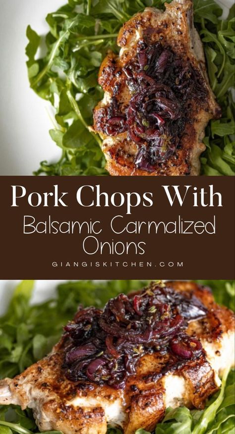 This pork chop recipe is a fail-proof, perfect weeknight dinner for the whole family. The caramelized red onion is softer and sweeter and a great pairing with the balsamic vinegar. You can serve the pork chops on a bed of arugula salad, however, couscous, rice, and roasted vegetables are also good choices of sides for this dish or pork in general. Balsamic Pork Chops, Balsamic Onions, Balsamic Pork, How To Cook Zucchini, Cooking Chocolate, Arugula Salad, Pork Chop, Pork Chop Recipes, Pork Dishes