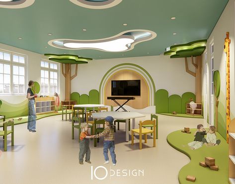 Fun Jungle Hall | Thang Tam kindergarten on Behance Kindergarten Classroom Design, Classroom Ceiling, Forest Classroom, Kindergarten Interior, Home Day Care, Classroom Interior, Kindergarten Design, School Interior, Kids Daycare