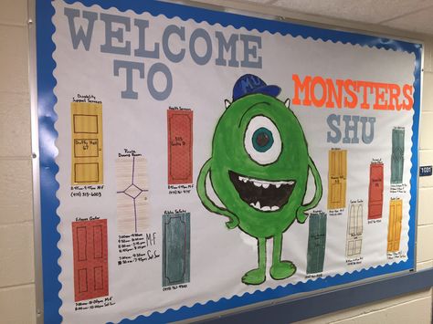 Monsters University bulletin board Monsters University Bulletin Board, Monsters Inc Bulletin Board Ideas, Monsters Inc Bulletin Board, Monsters Inc Doors, Res Life Door Decs, Monster Theme Classroom, Dorm Themes, College Bulletin Boards, Ra Themes