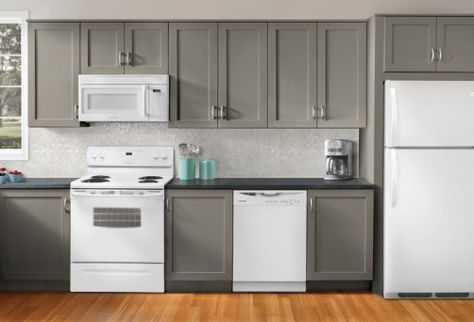 ideas to decorate a kitchen with white appliances and gray painted cabinets Appliances White, Painting Kitchen Cabinets White, White Kitchen Appliances, Furniture Colors, Grey Kitchen Designs, Dark Grey Kitchen, Paint Store, Gray And White Kitchen, Outdoor Kitchen Appliances