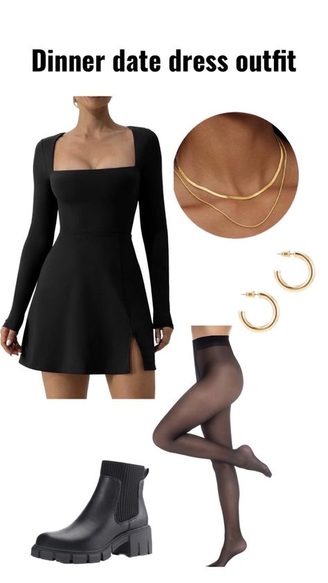 Wear this outfit out to a fall or winter date night with a black comfortable dress, gold jewelry, black tights and chunky black boots. Black Velvet Dress Short With Black Tights, Black Mini Dress Long Sleeve With Boots, Black Mini Dress For Winter Day Out, Black Dress Black Boots, Black Dress Christmas Outfit, Winter Black Dress Outfit, Black Dress With Tights And Boots, Black Mini Dress Tights Boots, Dress Tights And Boots Outfit