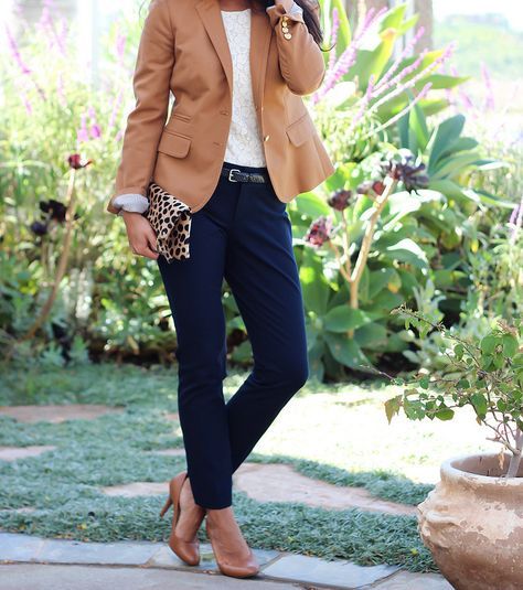 Review: Banana Republic Sloan Fit Slim Ankle Pants in Navy + Camel blazer + lace top + leopard fold over clutch + pumps. Details here: http://www.stylishpetite.com/2013/09/review-banana-republic-sloan-fit-slim.html Navy Pants Outfit, Navy Pants Women, Blue Pants Outfit, Dress Pants Outfits, Navy Blue Dress Pants, Pants Woman, Navy Dress Pants, Blue Dress Pants, Tan Blazer