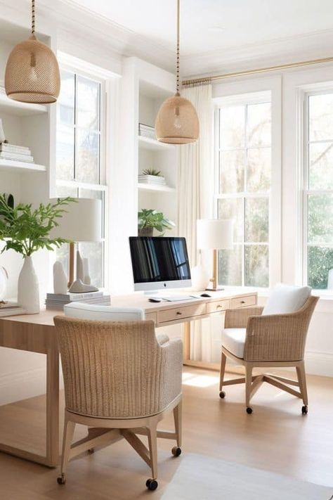 Mediterranean Style Office, Home Office Ideas 2 Desks, Serena And Lily Home Office, California Casual Office, Rattan Office Chair, Beachy Office Ideas, Guest Bedroom And Office Combo, French Country Home Office, Coastal Office Ideas