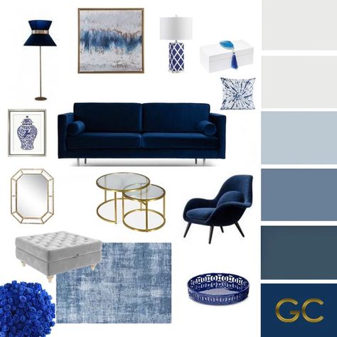 Navy Blue Grey White Living Room, Navy Blue White And Grey Office, Art Deco Living Room Blue Sofa, Gray Navy Gold Living Room, Navy Gray And White Living Room, Gold Blue Living Room Decor, Living Room Contemporary Luxury, Blue And White And Gold Living Room, Living Room Designs Modern Luxury Grey And Blue