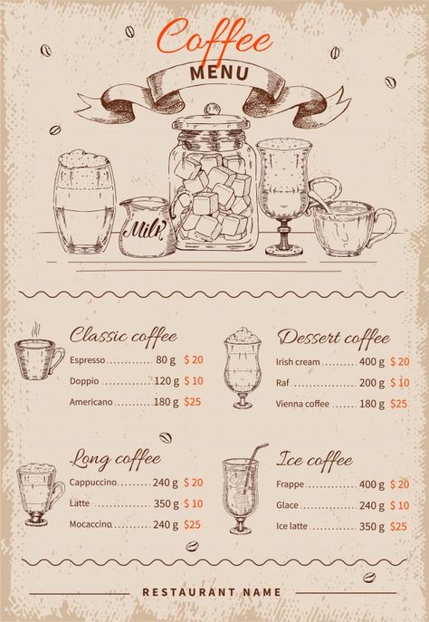 Coffee hand drawn restaurant menu | Free Vector #Freepik #freevector #food #menu #coffee #hand Cafeteria Vintage, Coffee Menu Design, Menu Coffee, Menu Vintage, Menu Design Inspiration, Cafe Menu Design, Vintage Bakery, Menu Card Design, Coffee Shop Menu