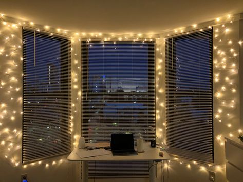 Fairy light window decor Led Lights Around Window, Fairy Lights Window, Curtain Lights Ideas, Apartment Hallway, Dorm Lighting, Light Window, Fairy Lights Decor, Led Lighting Bedroom, Window Siding