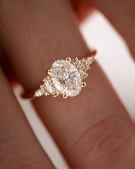 Maeve Diamond Ring, Oval Engagement Ring With Accent Stones, Lab Grown Engagement Rings, 2024 Engagement Rings, Engagement Rings With Side Stones, Three Stone Engagement Rings Oval, Engagement Ring Types, Dream Wedding Ring, Pretty Engagement Rings