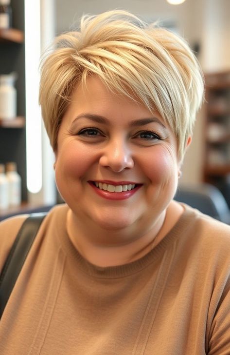 42 Short Hairstyles for Fat Faces and Double Chins : Soft Layered Blonde Pixie Pixie For Double Chin, Short Hair Cuts For Rounder Faces, Hairstyles For Double Chin Faces, Fat Face Short Hair, Double Chin Hairstyles, Layered Blonde, Ash Blonde Bob, Hairstyles For Fat Faces, Short Hair Cuts For Round Faces