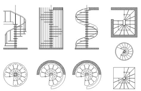 Spiral staircase elevation designs, Staircase design and elevation dwg file,various types of staircase details, elevation design, top view and side elevation details Drawing Spiral Staircase, Spiral Staircase 3 Floors, How To Draw Spiral Staircase, Spiral Staircase Floor Plan, Spiral Staircase Section, Staircase Design Plan, Staircase Floor Plan, Spiral Staircase Drawing, Staircase Elevation