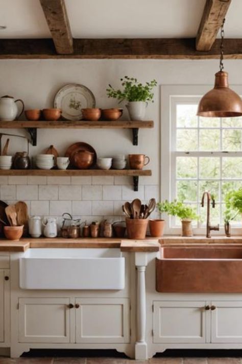 Rustic kitchen with wooden shelves holding pottery, a farmhouse sink, copper accessories, and herbs by a window. French Farmhouse Kitchen Backsplash, Organic Modern French Country, French Modern Kitchen Design, French Cottage Kitchens Inspiration, Kitchen Brick Floor, Rustic Open Shelving Kitchen, French Oak Kitchen, French Kitchen Ideas, French Country Backsplash