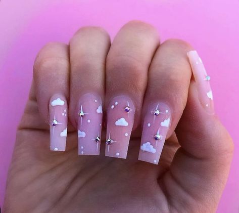 Gel Coffin, Cloud Nails, Gel Pedicure, French Pedicure, Nail Art Gel, Long Nail Designs, Glamour Nails, Pink Cloud, Glamorous Nails