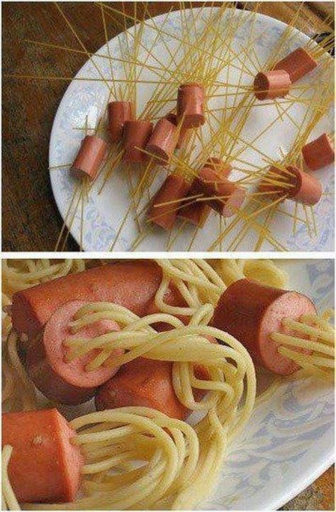 spaghetti thru vienna sausages Resep Pasta, Pictures Of Food, God Mat, Fun Foods, Halloween Food For Party, Kid Food, Fun Kids Food, Kids Food, Kids Snacks