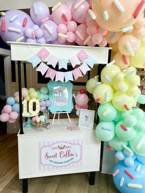 Donut party - Donut Grow Up — Davis & Scout Celebration Co. Sprinkle Balloons, Pastel Balloon Arch, Ice Cream Themed Birthday, Ice Cream Party Theme, Donut Themed Birthday Party, Ice Cream Sundae Bar, Sundae Bar, Sprinkle Party, Ice Cream Birthday Party