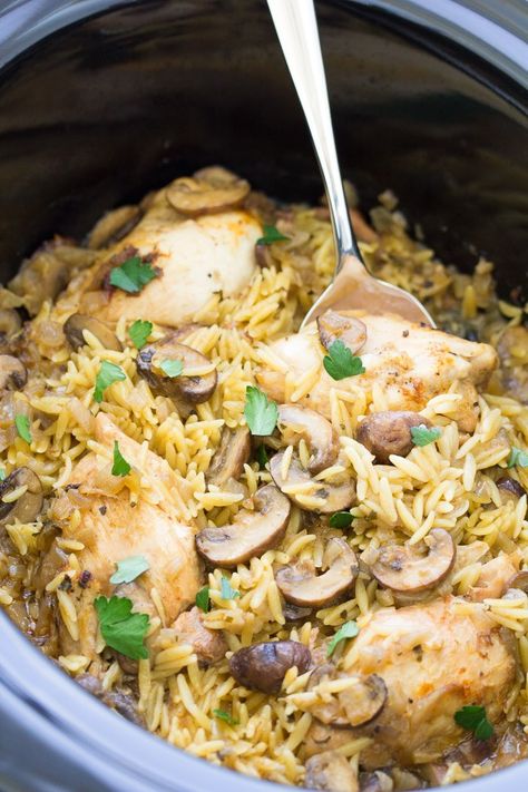 This Crockpot Chicken and Mushrooms is a delicious slow cooker recipe, made with chicken thighs, mushrooms and orzo pasta. One of our favorite healthy crock pot recipes for an easy weeknight dinner! Crockpot Chicken And Mushrooms, Meals Crockpot, Summer Crockpot, Dinner Crockpot, Chicken And Mushrooms, Slow Cooker Chicken Thighs, Chicken And Mushroom, Delicious Slow Cooker Recipes, Easy Slow Cooker Chicken