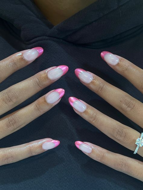 Chrom Pink French Tip, Hot Pink French Tip Chrome Nails, Pink Tips Chrome, Pink Chrome Nails With Rhinestones, Pink Crome Nails French Tip, Pink French Tip Nails With Chrome, White Nails With Pink Tips, Pink French Tip Nails Chrome, Pink Chrome Tip Nails