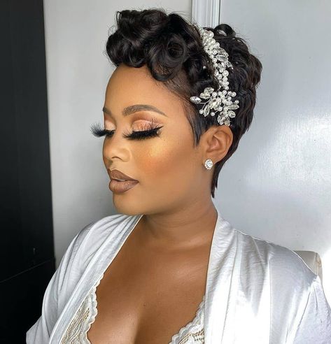 Wedding on Instagram: “Short hair bride with the subtle glam inspiration. Hair @dolledbynueye Bridal Headpiece @dolledbynueye Makeup @makeupbyashabee Belle…” Black Brides Hairstyles, Glam Inspiration, Short Bridal Hair, Subtle Glam, Short Hair Bride, Black Wedding Hairstyles, Hair Bride, Black Ponytail Hairstyles, Short Hair Black