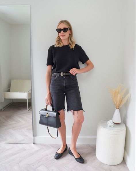 Chic all black outfit for summer styling denim shorts, ballet pumps and a basic t-shirt 🖤 #classicstyle #blackoutfit #summeroutfit #denimshorts Follow my shop @charlottebuttrick on the @shop.LTK app to shop this post and get my exclusive app-only content! #liketkit #LTKstyletip #LTKSeasonal #LTKeurope @shop.ltk https://liketk.it/4bxLG Black Shorts Black Top, Black Denim Shorts Outfit Summer, Lounge Shorts Outfit, Black Linen Shorts Outfit, Styling Denim Shorts, Chic All Black Outfit, Low Heels Outfit, Black Denim Shorts Outfit, Black Tee Outfit