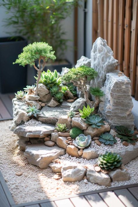 42 Corner Garden Ideas: Designs To Refresh Your Outdoors Small Plant Garden Ideas, Succulent Waterfall Garden Ideas, Rock Projects Decor, Backyard Rock Garden Ideas, Small Outdoor Rock Garden Ideas, Succulents Rock Garden Outdoor, Succulents Garden Design, Outside Corner Landscaping Ideas, Garden Design Rocks