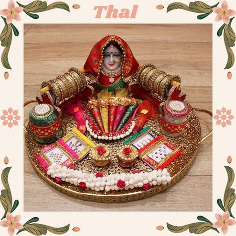 Teej Thali Decoration, Tilak Decoration Ideas, Mehendi Moli Packing Idea, Teej Packing Ideas, Karwachauth Gift Hampers, Karwachauth Thali Decoration Ideas, Karva Chauth Thali Decoration, Chhab Decoration, Indian Wedding Gifts