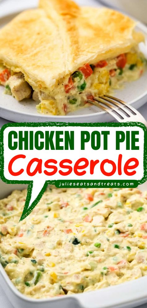 Add this Chicken Pot Pie Casserole to your best winter food recipes! This dinner casserole has a creamy vegetable mixture and is topped with flaky Crescent Rolls. Pin this easy comfort food recipe for dinner! Frozen Mixed Vegetables, Shredded Rotisserie Chicken, Pot Pie Casserole, Pillsbury Biscuits, Chicken Pot Pie Casserole, Easy Chicken Pot Pie, Hearty Casseroles, Cream Of Mushroom Soup, Pot Pies Recipes