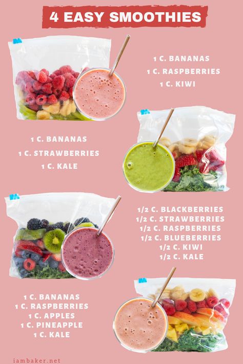 Four easy recipes that will make parenting easier not to mention being a healthy craving buster! #smoothies #smoothie #iambaker #howtomakesmoothies #greensmoothie Easy Frozen Fruit Smoothie Recipes, Frozen Fruit Smoothie Recipes, Healthiest Recipes, Pasti Fit, Make Ahead Smoothies, Makanan Rendah Kalori, Frozen Fruit Smoothie, Resep Smoothie, Easy Healthy Smoothies