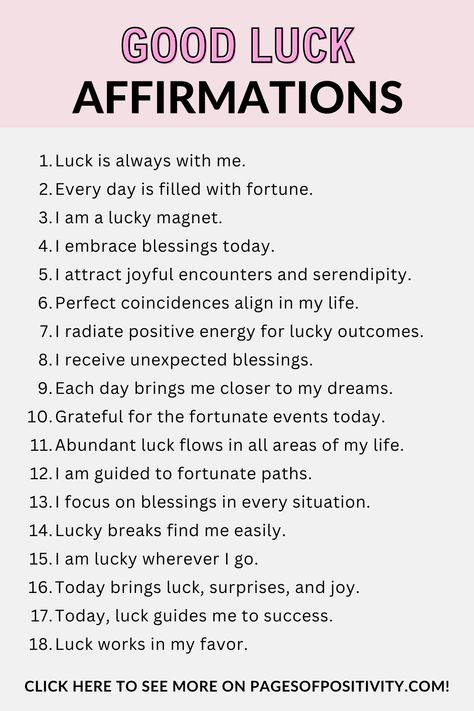 a pin that says in a large font Good Luck Affirmations How To Change Your Luck, Good Luck Affirmations, Luck Manifestation, Attract Luck, Pass All Exams Affirmations, Luck Affirmations, Good Luck Mantra, Lucky Affirmations, Good Luck Manifestation