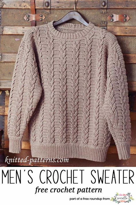 Get the free crochet pattern for this Crochet Mens Cabled Pullover Sweater from Knitted Patterns featured in my husband-approved crochet sweaters for men FREE pattern roundup! Men's Crochet Sweater, Crochet Sweater Free, Crochet Pullover, Crochet Men, Men Crochet, Crochet Jumper, Crochet Sweater Pattern Free, Crochet Cable, Sweater Crochet