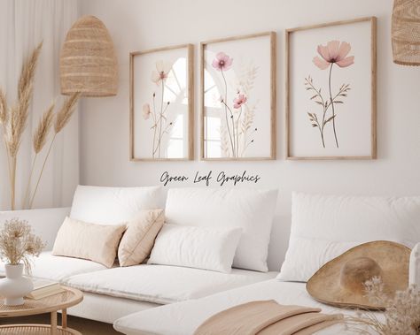 Pressed Flower Art Bundle, Boho Floral Digital Prints, Pink Botanical Wall Art, Neutral Flower Illustration Set, Instant Download Decor by GreenLeafGraphicsUS on Etsy Floral Panel Wall, Pressed Flower Wall Art, Pink Botanical, Simple Living Room Decor, Prints Pink, Cute Apartment, Wall Art Neutral, Pink Palette, Nature Inspired Decor