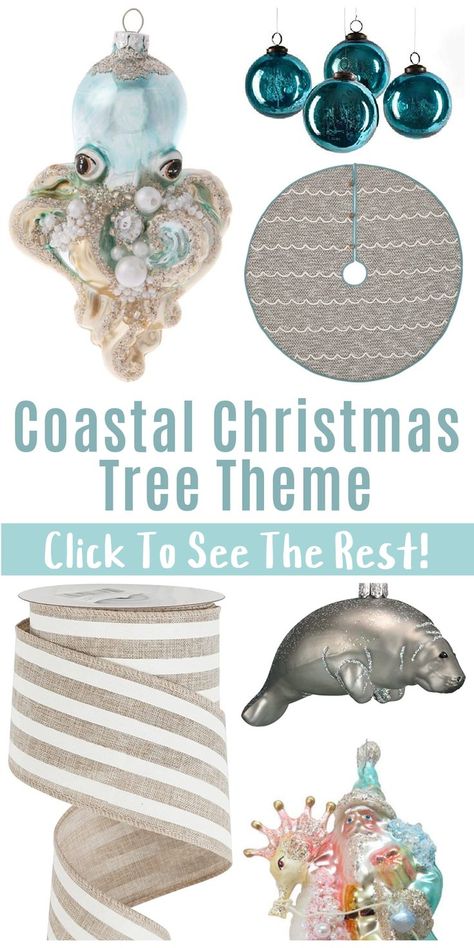 Collage of Coastal Christmas Tree Theme Finds including striped beige and white ribbon, coastal Christmas tree ornaments, coastal Christmas trees skirt. Coastal Christmas Tree Ideas, Christmas Tree Ideas Themed, Nautical Christmas Tree, Handmade Tree Ornaments, Nautical Christmas Ornaments, Christmas Tree Theme, Diy Mantel, Coastal Christmas Tree, Tree Theme