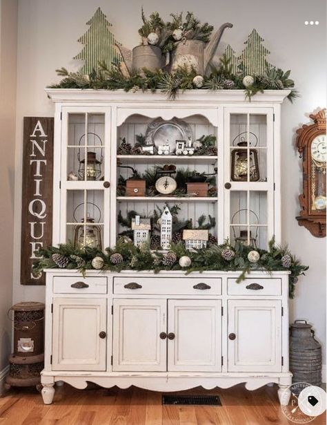 How To Decorate A Hutch, Christmas Hutch Decor, China Cabinet Decor, Farmhouse China Cabinet, Christmas Dining Table Decorations, Hutch Styling, Wooden Chargers, Dining Table Decorations, Plaid Napkins