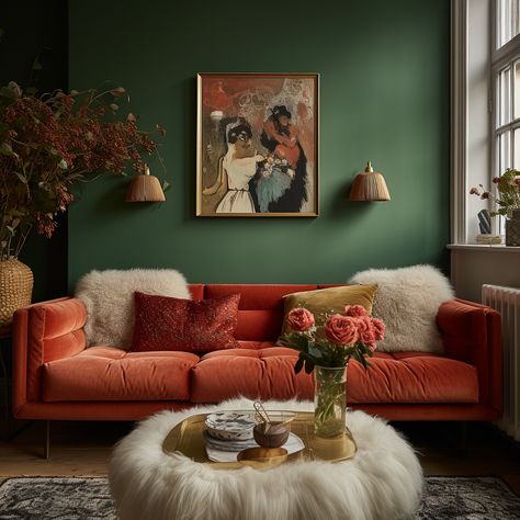 "Experience the harmonious blend of the ultra-soft white sheepskin cushions and the rich texture of the ochre velvet cushion, all set against the bold backdrop of a sumptuous red sofa. 🌹 Don't forget to use the code CMC10 for an exciting 10% off on your purchase. Elevate your decor game now! 🎈" #cushioncover #cushion #cushions #cushioncovers #homeinspo #homedeco #luxurydecor #sofastyling #interiorgoals. Mid Century Chic Living Room, Red Couch Green Walls, Red Sofa Green Wall, Living Room Velvet Sofa, Rust Velvet Couch, Rust Colored Sofa, Red Sofa Interior, Rust Sofa Living Room Color Schemes, Coloured Sofa Living Room