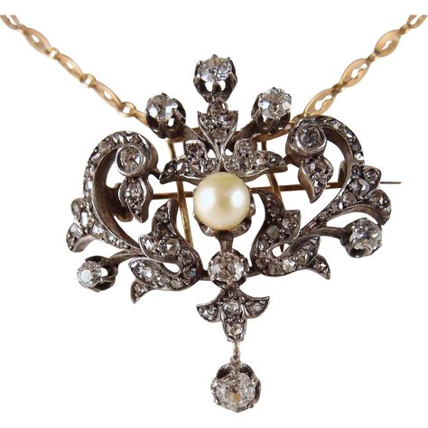 Victorian era pendant/brooch in 18K solid gold and silver with a natural pearl and ~1.50ctw diamonds Antique Silver Jewelry Vintage, Royal Jewellery, Bijoux Art Nouveau, Pearl Rose, Silver Jewelry Design, Diamond Brooch, Silver Tops, Silver Jewelry Pendant, Natural Pearl