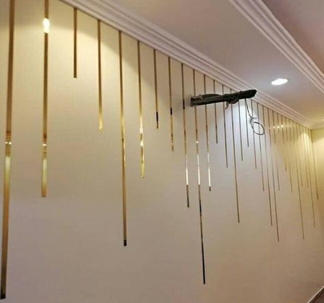 Gold Strip Wall Design, Gold Stripes On Wall, White Wall With Golden Lines, Gold Line Wall Design, Foil Tape Wall Design, Gold Stripe Wall, Gold Tape Wall Design, Bedroom Wall Molding, Wall Design Ideas Bedroom