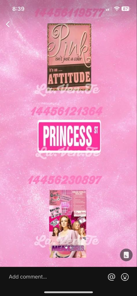 Bloxburg Custom Decorations, 2000s Bloxburg Poster Codes, Bloxburg Nicki Minaj Poster Codes, Bloxburg 2000s Room, Y2k Room Bloxburg, Barbie Decal Codes Bloxburg, Pink Berry Avenue Codes Pictures, Princess Berry Ave Codes, Bloxburg Room Decor Ideas