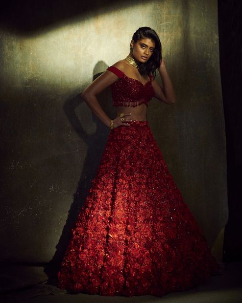 Off Shoulder Crimson Red Floral Bridal Lehenga | Seema Gujral Seema Gujral, Floral Lehenga, Nikkah Dress, Bridal Lehenga Red, Lehenga Skirt, Red Lehenga, Embroidered Lehenga, Indian Fashion Designers, Floral Bridal