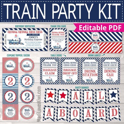 Train Birthday Cupcakes, Train Birthday Party Decorations, Train Birthday Cake, Digital Table, Train Birthday Party, Printable Tickets, Banner Decor, Train Theme, Trains Birthday Party