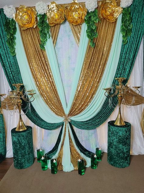 Green White And Gold Backdrop, Emerald Green And Gold Backdrop, 36 Anniversary, Forest Quinceanera, Emerald Green Curtains, Enchanted Forest Quinceanera, Pastor Anniversary, Wedding Church Decor, Flowers Backdrop