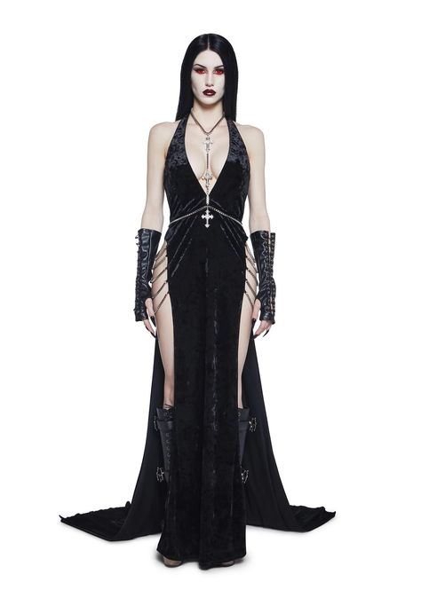 Black Dress With Slits On Both Sides, Gothic V-neck Evening Dress, Gothic Maxi Dress For Party, Horror Aesthetic Outfits, Warrior Queen Dress, Skin Tight Black Dress, Game Of Thrones Fashion, Fae Ball, Ball Attire