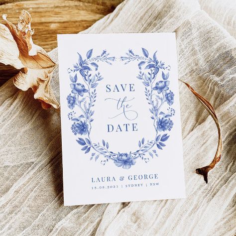 Blue Chinoiserie Floral Porcelain Save The Date Invitation #zazzle #weddinginvitations #birthdayinvitations #babyshowerinvitations #zazzleinvitations #monogram #businesscards #graduation #homedecor French Blue Wedding, Funny Save The Dates, Rustic Save The Dates, Chinese Pattern, Blue Chinoiserie, Floral Save The Dates, Date Invitation, Blue Themed Wedding, Simple Invitation