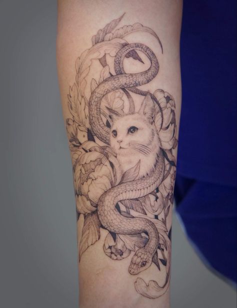 Cat With Snake Tattoo, Snake And Cat Tattoo, Cat Sleeve Tattoo, Cat Tattoo Sleeve, Boss Tattoo, Black Cat Tattoos, Rune Tattoo, Special Tattoos, Cat Tattoo Designs