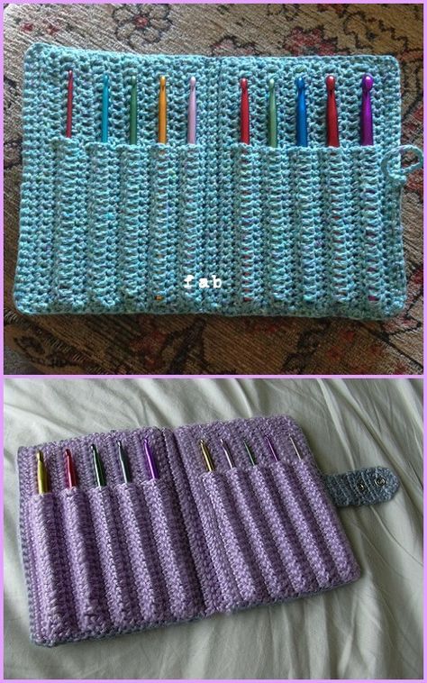 Crochet Hook Holder Case Free Pattern with Video Tutorial Crochet Hook Case Tutorial, Crochet Hook Holder Pattern, Crochet Hook Case Free Pattern, Crochet Hook Case Pattern, Crochet Needle Case, Crochet Hook Storage, Diy Crochet Hook, Crochet Hook Roll, Crochet Hook Organizer