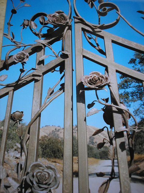 Wrought iron roses by coffeeandmorphine, via Flickr Main Gate Design Iron, Spanish Bohemian, Rose Gate, Window Bars, Iron Rose, Wrought Iron Decor, Entrance Gate, Wrought Iron Gate, Blacksmith Projects