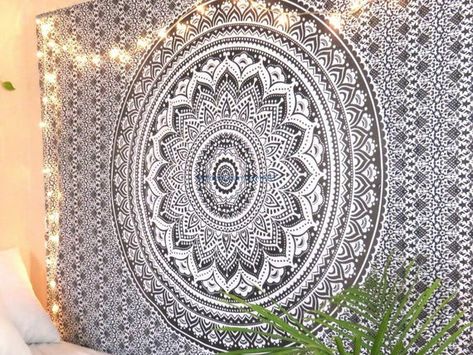 Room Tapestries, Dorm Room Tapestry, Hippy Bedroom, Bohemian Dorm, Grey Tapestry, Hippie Bedding, College Flags, Black Mandala, Mandala Tapestries Wall Hangings