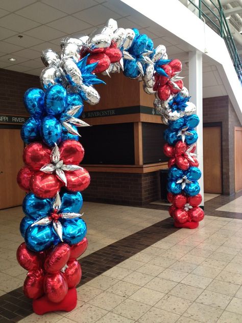 patriotic balloon arch by zany janie School Carnival Decorations, Foil Decor, Carnival Decorations, Balloon Garland Diy, Balloon Stands, Balloon Columns, Balloon Decor, Balloon Design, Balloon Animals