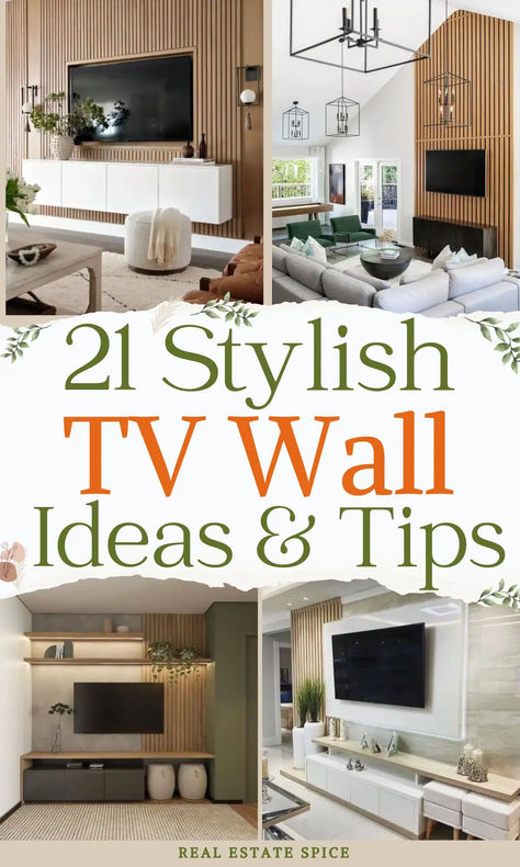 says 21 stylish tv wall ideas and tips with 4 images of tv walls in home with media console tv storage units home decor Peel And Stick Behind Tv, Tv Wall Decor Ideas Small Spaces, Wall Decor Beside Tv, Panelled Tv Wall Ideas, Art On Tv Wall, Large Wall Tv, Aesthetic Tv Wall, Around Tv Wall Decor, Tv Framed On Wall