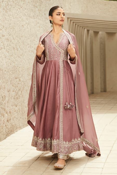 Buy Matsya Pink Neo Chanderi Embroidered Angrakha Anarkali Set Online | Aza Fashions Angrakha Anarkali Suits, Angrakha Style Frock, Angrakha Style Anarkali, Angrakha Anarkali, Angrakha Dress, Anarkali Designs, Angrakha Style, Anarkali Dress Pattern, Neo Classic