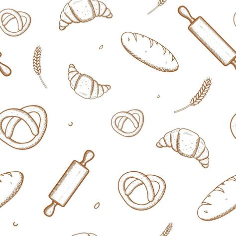 Hand drawn seamless pattern of bread and bakery products Bakery Vector Illustrations, Bakery Pattern Design, Baking Illustration Art, Bakery Elements, Bakery Drawing, Baker Costume, Bakery Pattern, Bakery Illustration, Bakery Background