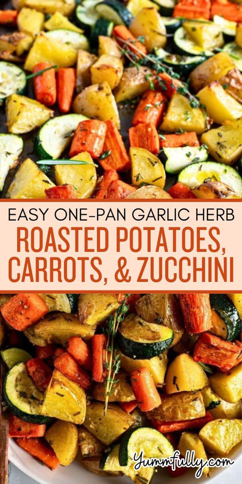 Forget about bland-tasting veggies! This One-Pan Garlic Roasted Potatoes, Carrots, & Zucchini are the perfect side dish for any protein entree. Garlic, rosemary, and thyme complement the caramelized flavors of the veggies for a unique garlic-herb aroma. Whole 30 Side Dishes, Garlic Herb Roasted Potatoes, Roasted Potatoes Carrots, Carrots And Zucchini, Roasted Potatoes And Carrots, Garlic Roasted Potatoes, Herb Roasted Potatoes, Carrot Fries, Rosemary And Thyme