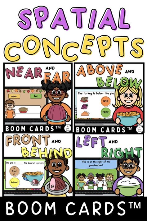 Spatial awareness and spatial relations allow children to locate objects and navigate successfully in their environments. This Thanksgiving Boom Cards™ bundle addresses the spatial concepts of ABOVE, BELOW, FRONT, BEHIND, LEFT, RIGHT, NEAR, and FAR. You can use this to practice prepositions with your students in the classroom or in speech therapy. This is a no-print and no-prep interactive activity and a self-grading exercise that will help you save lots of time! Spatial Concepts Preschool, Spatial Concepts, Free Math, Preschool Activity, Preschool Learning Activities, School Resources, Interactive Activities, Digital Activities, New School Year